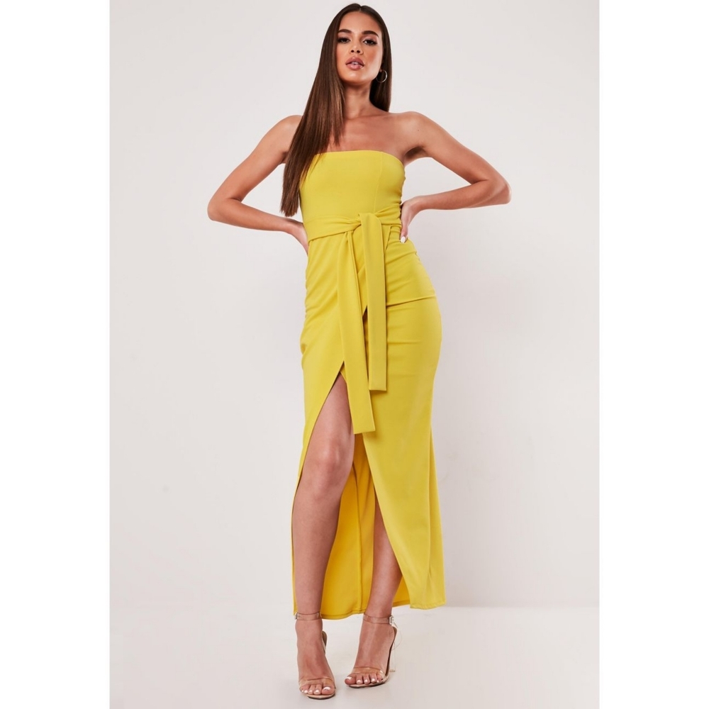 Tall Yellow Tie Front Bandeau Midi Dress